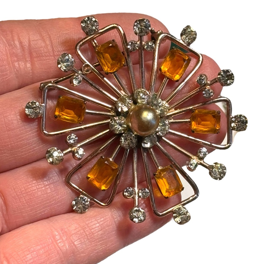 Vintage rose gold plated sterling silver Amber Rhinestone Brooch